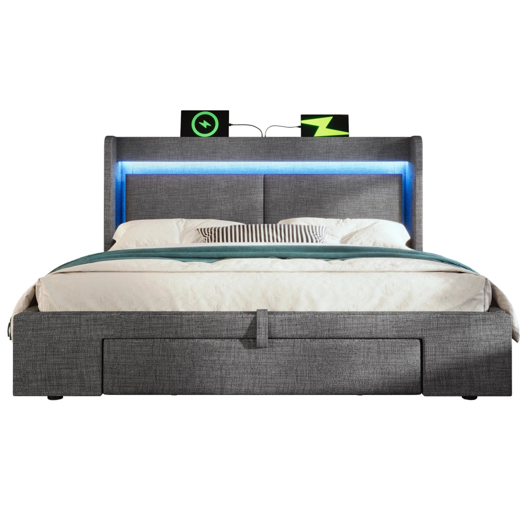 Letto imbottito in lino grigio 140x200 vano idraulico LED USB doghe con materasso