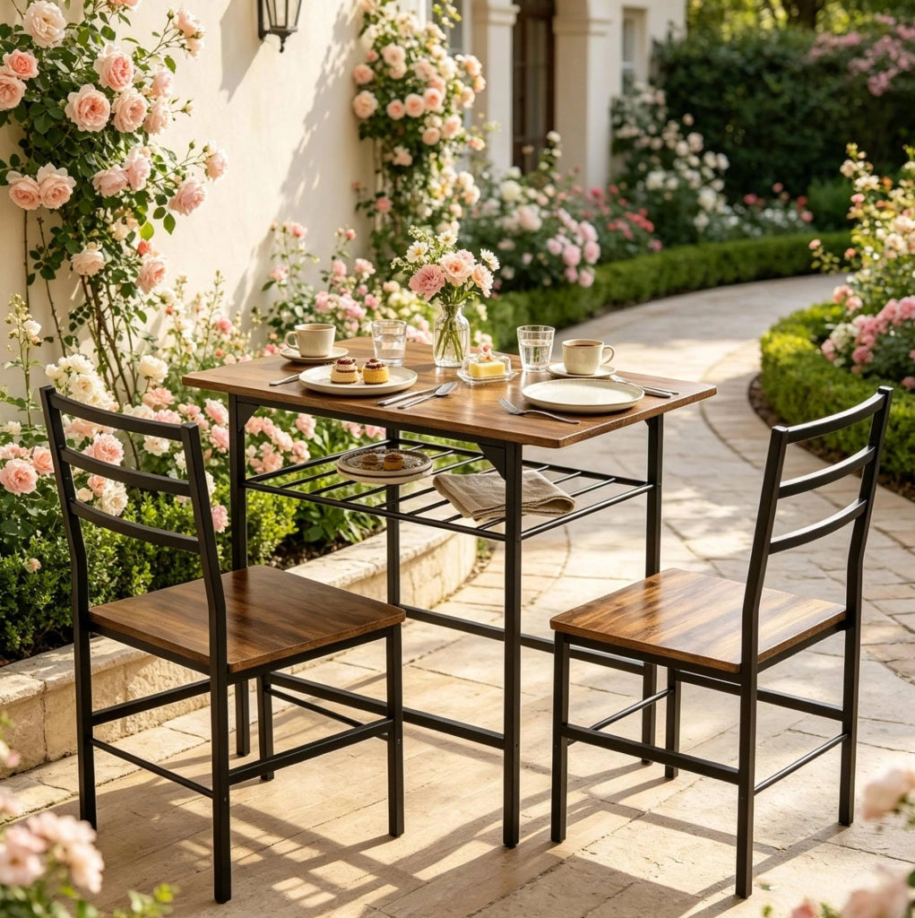 Set da pranzo compatto con tavolo e 2 sedie, design industriale salvaspazio