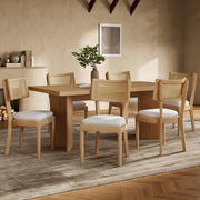 Set di 6 sedie da pranzo in legno massello con schienale in rattan e cuscino in lino, colore legno