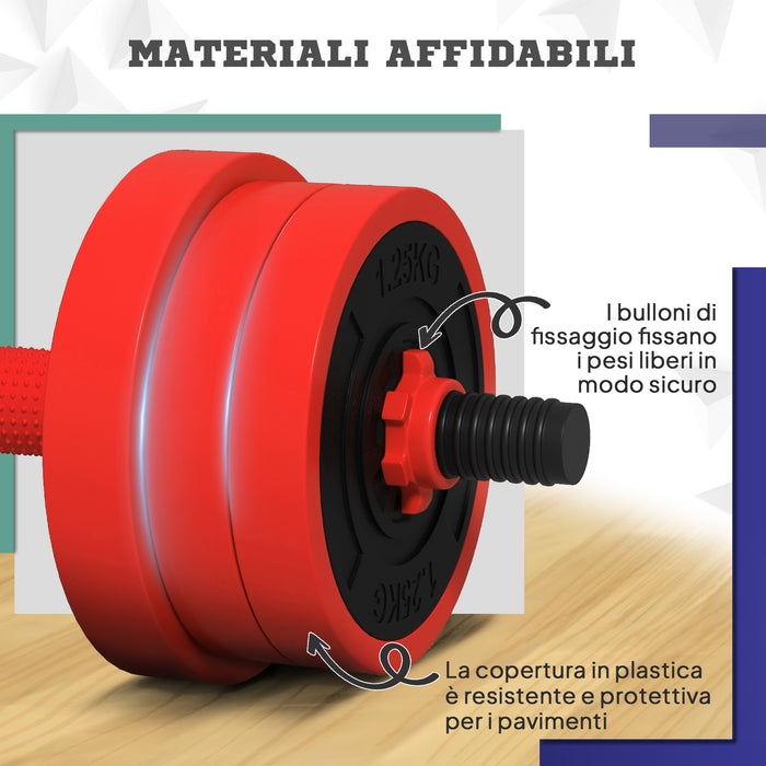 Set Pesi da Palestra 4 in 1 da 30kg Convertibile in Kettlebell 2 Manubri Bilanciere e Supporto Flessioni Rosso