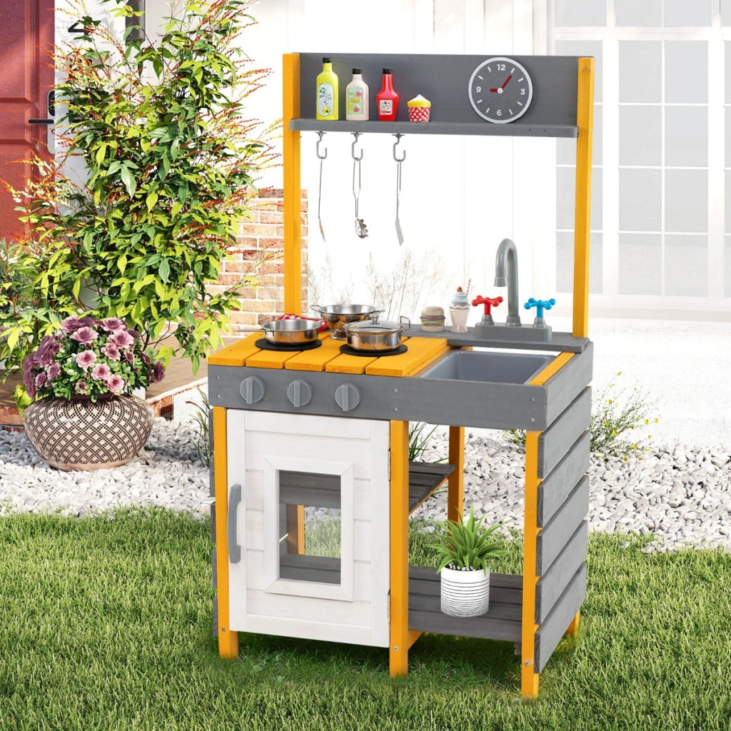 Cucina giocattolo per bambini con fornelli e ganci appesi e mensole portaoggetti, Giocattolo in legno per bambini 3+ Grigio-Cucine giocattoli