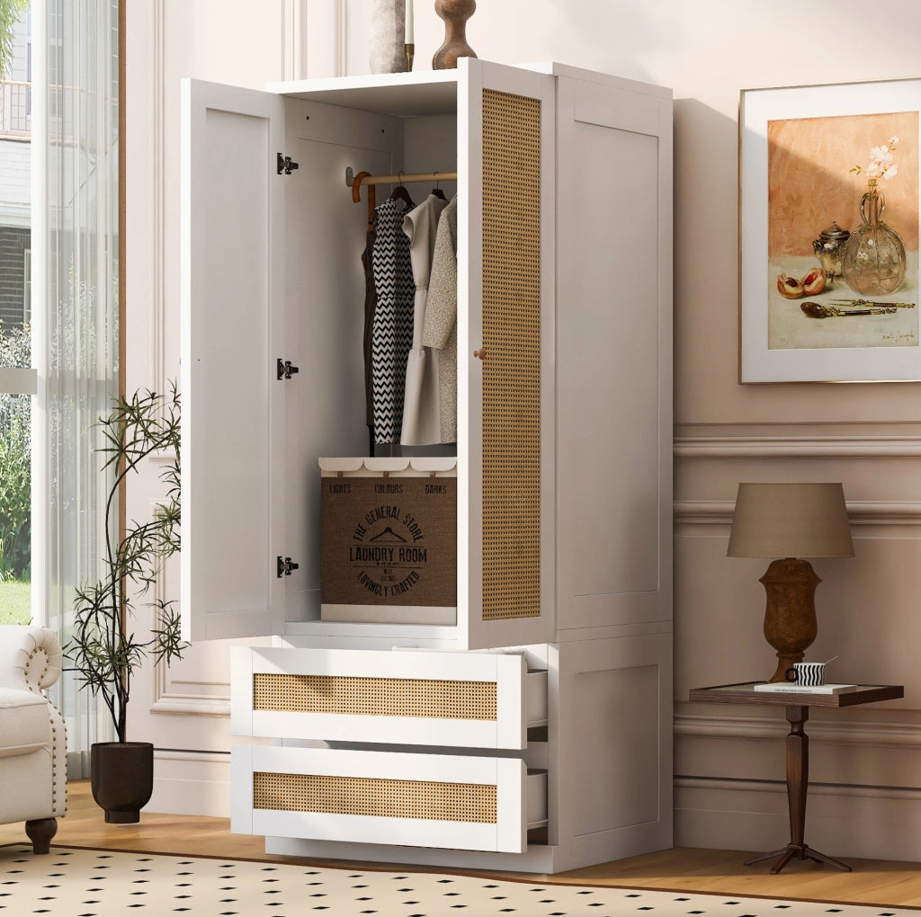 Armadio a 2 ante con 2 cassetti e finitura effetto rattan