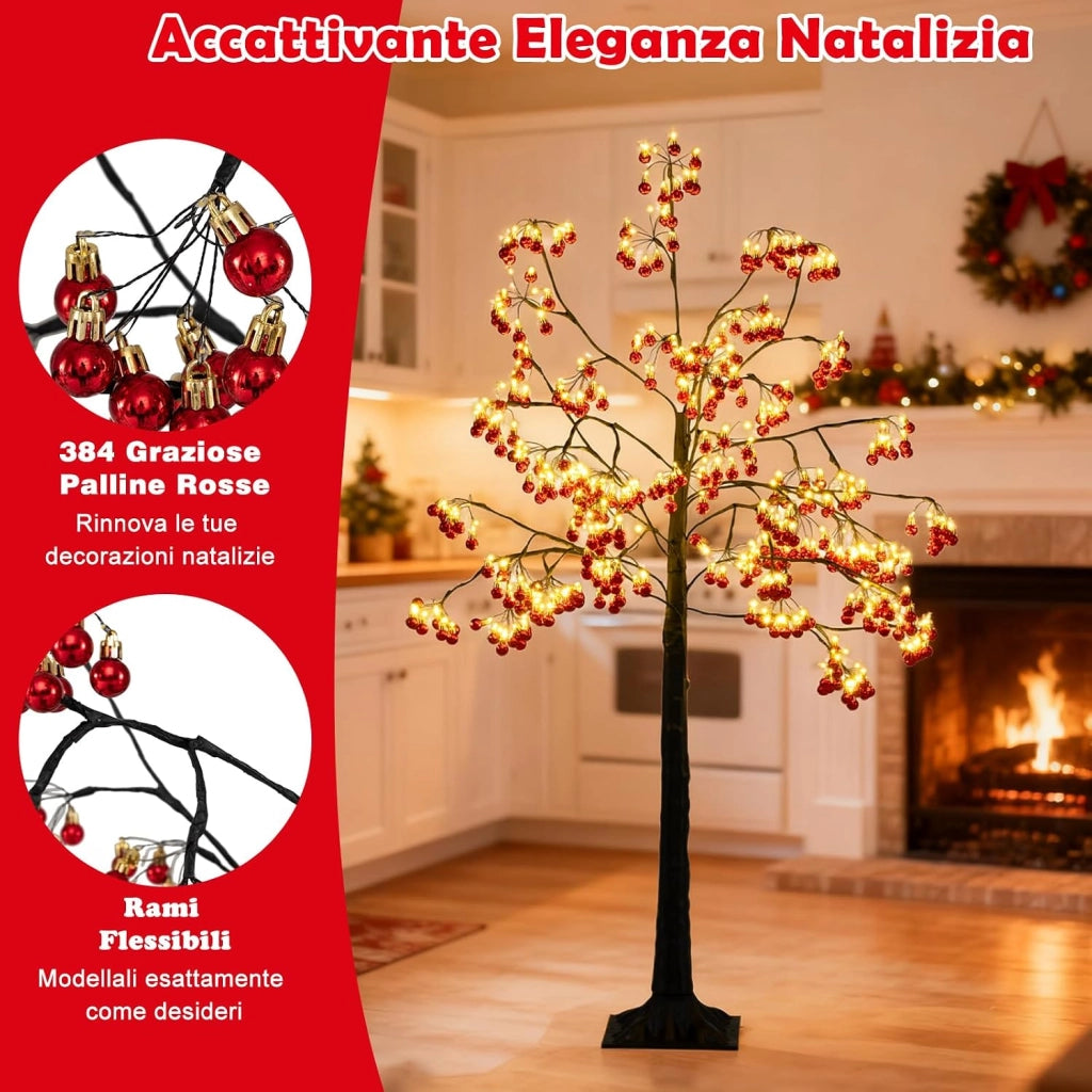 Albero di Natale Decorativo 150 cm, Albero Artificiale con Rami Pieghevoli, 384 Palline Rosse, 480 Luci LED e Picchetti di Ancoraggio, Albero di Natale Illuminato per Uso Interno ed Esterno