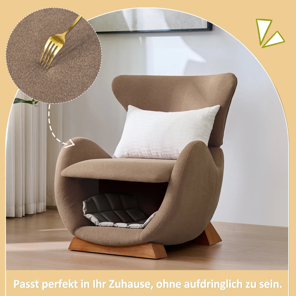 Poltrona lounge design con cuccia integrata per animali; 66 cm in tessuto marrone e legno