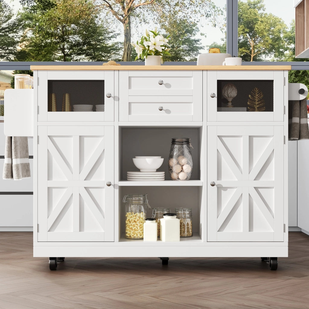 Isola cucina pieghevole con ruote, piano MDF e contenitore