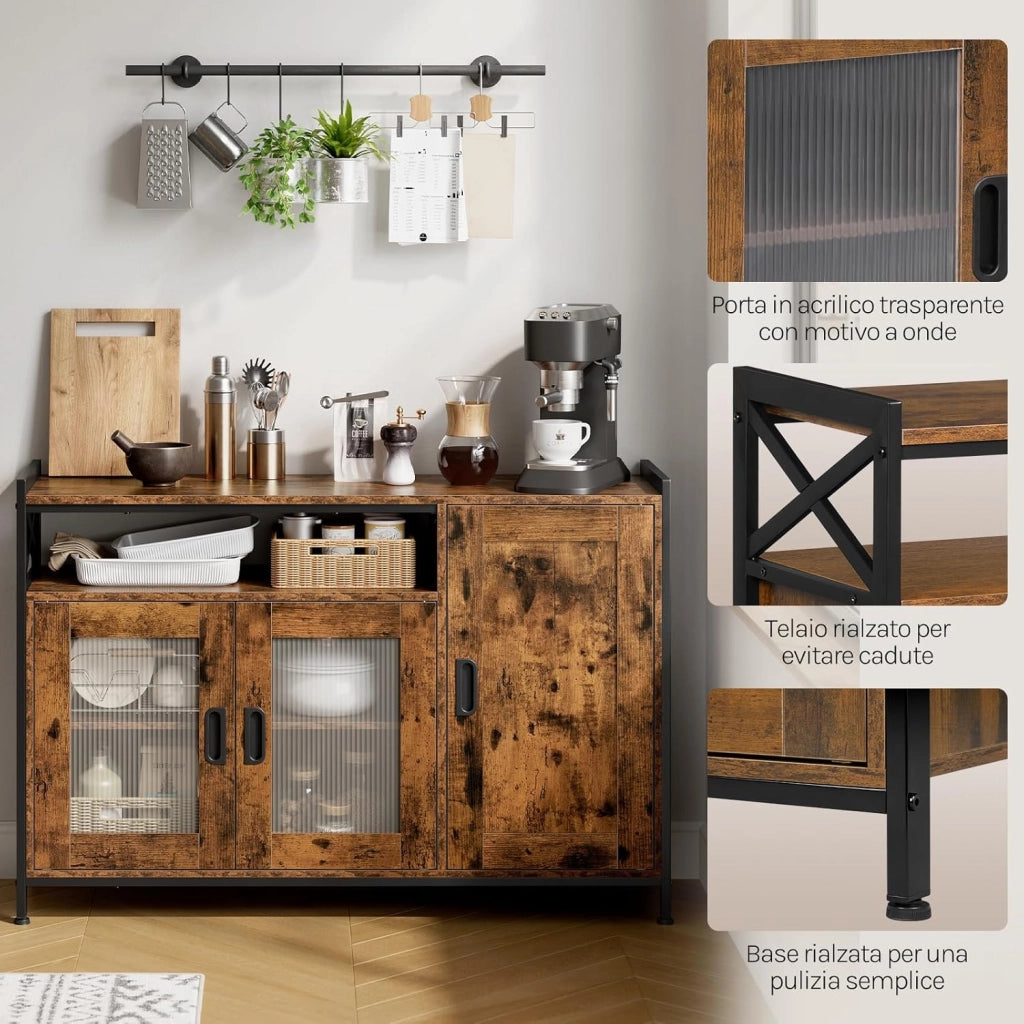 Credenza Cucina con 3 Ante, Mobile Buffet Salvaspazio con 2 Ripiani Regolabile, in Legno e Metallo, per Cucina, Soggiorno, Ingresso, 110x33x75 cm, Marrone Rustico