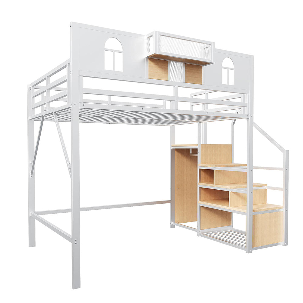 Letto a Soppalco Metallo 140x200cm - Xylo - con Scala e Contenitore, Bianco