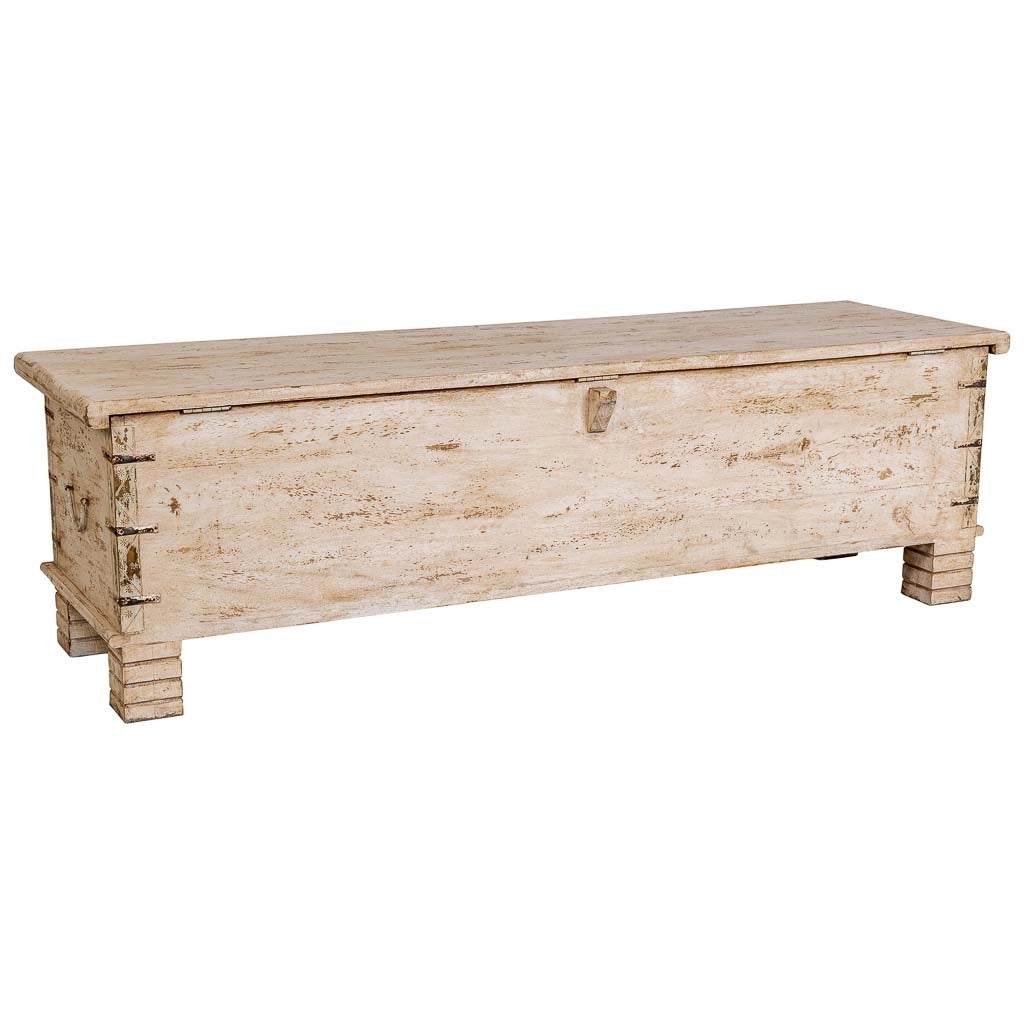 Baule in legno fatto a mano, bianco e blu, 150x45x46h cm