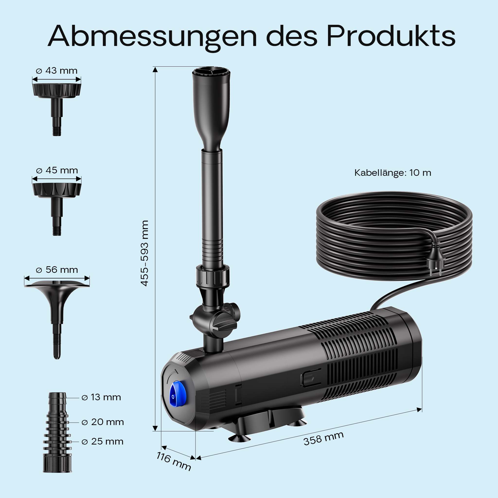 CUP-359 Pompa fontana con UVC 9W, 2000 l/h 45W, 4 giochi d'acqua, Pompa filtro laghetto