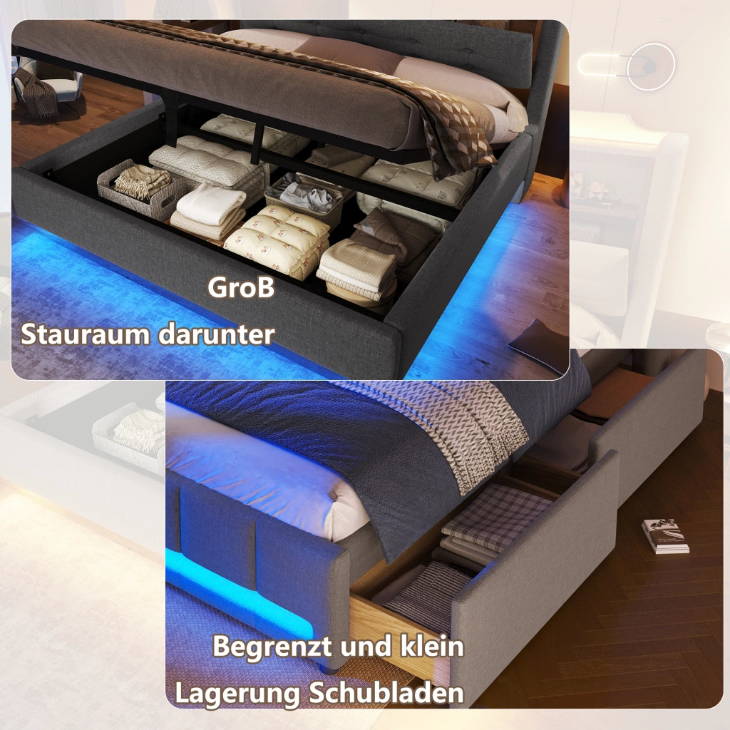 Letto imbottito idraulico con USB LED 140x200 cm colore grigio lino