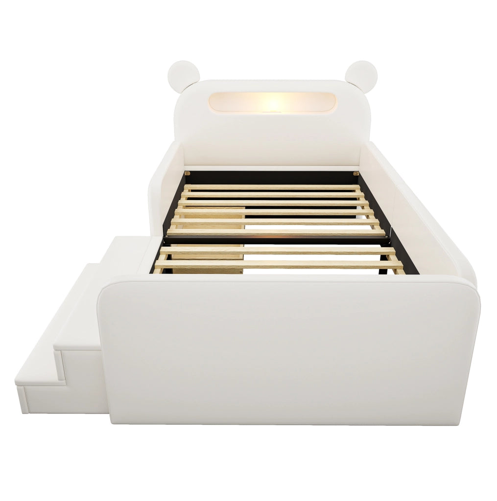Letto imbottito modulare per bambini 90x200 cm con testiera orso; luce LED; USB e contenitore; bianco