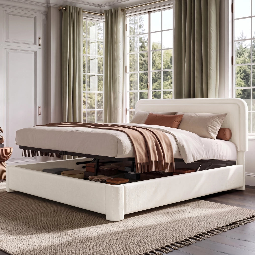 Letto matrimoniale imbottito 160x200 cm con rete a doghe, contenitore idraulico, testiera regolabile e rivestimento Bouclé bianco