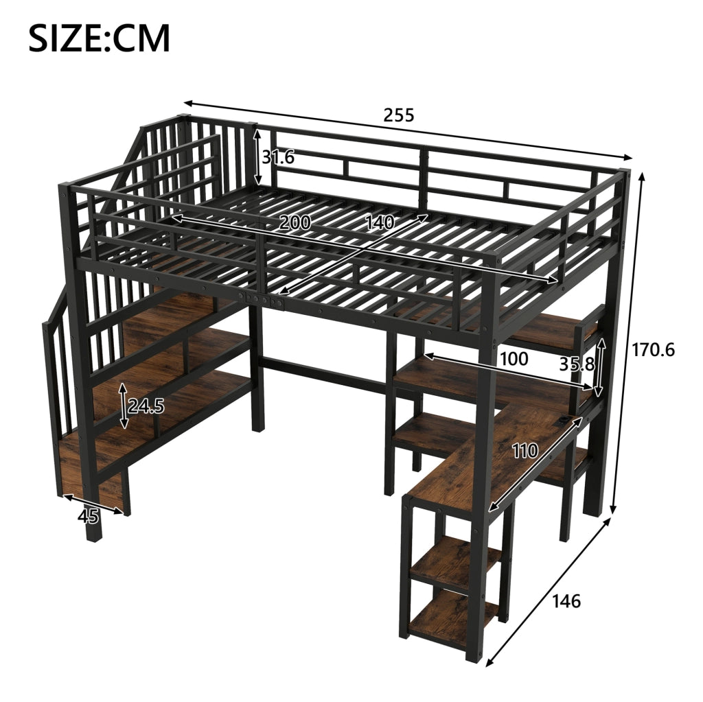 Letto a soppalco matrimoniale 140x200 cm con scrivania; scale contenitore; LED; nero