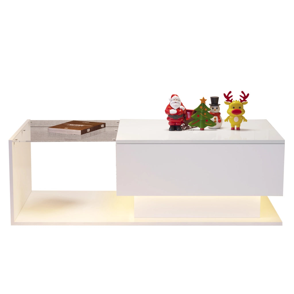 OKWISH Tavolino da Salotto Rettangolare con 1 Cassetto, LED e Piano in Vetro, per Soggiorno, Bianco, 100×50×32 cm
