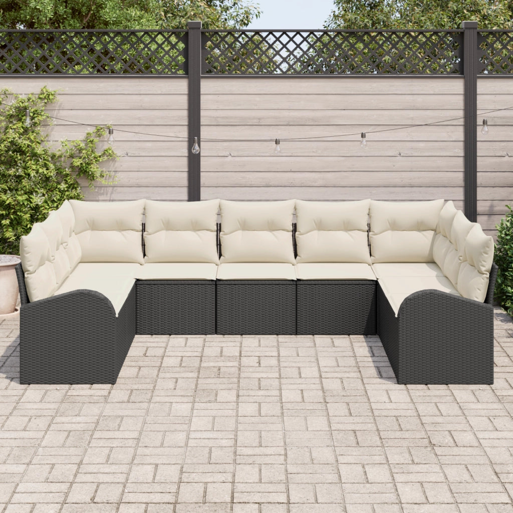 Set divani giardino  9 pezzi cuscini polyrattan neri
