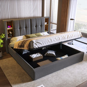 Letto matrimoniale imbottito 160x200 cm con ricarica wireless, USB e contenitore, grigio