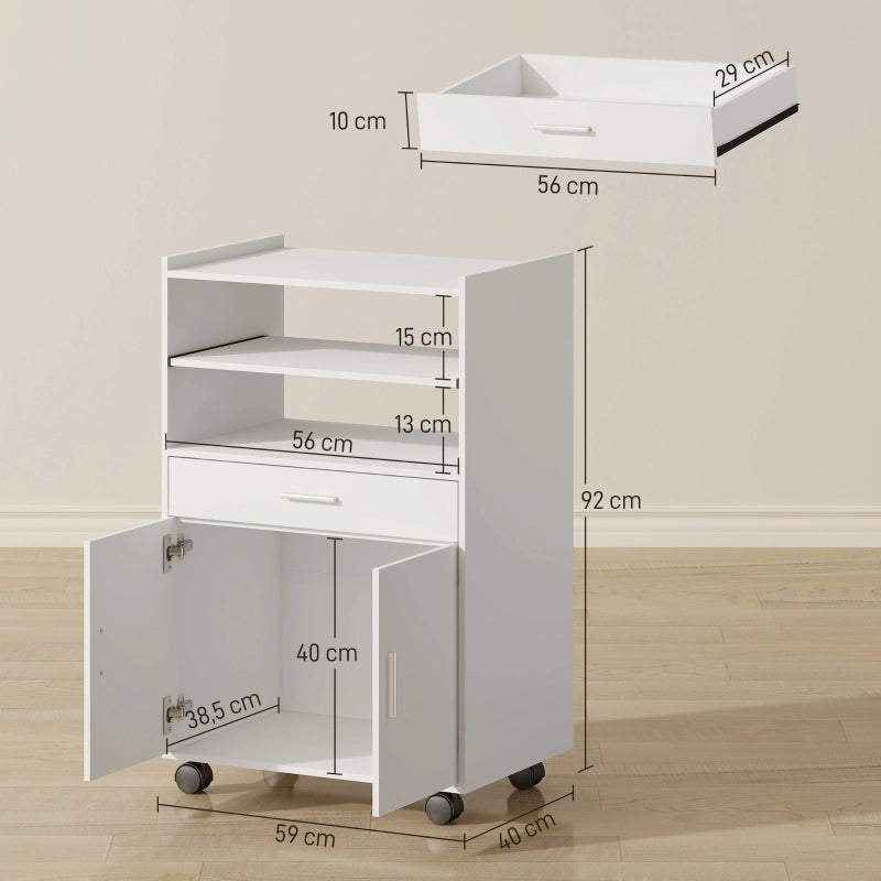 Mobile contenitore da cucina per microonde con piano estraibile 1 cassetto anta doppia e ruote bianco moderno in MDF