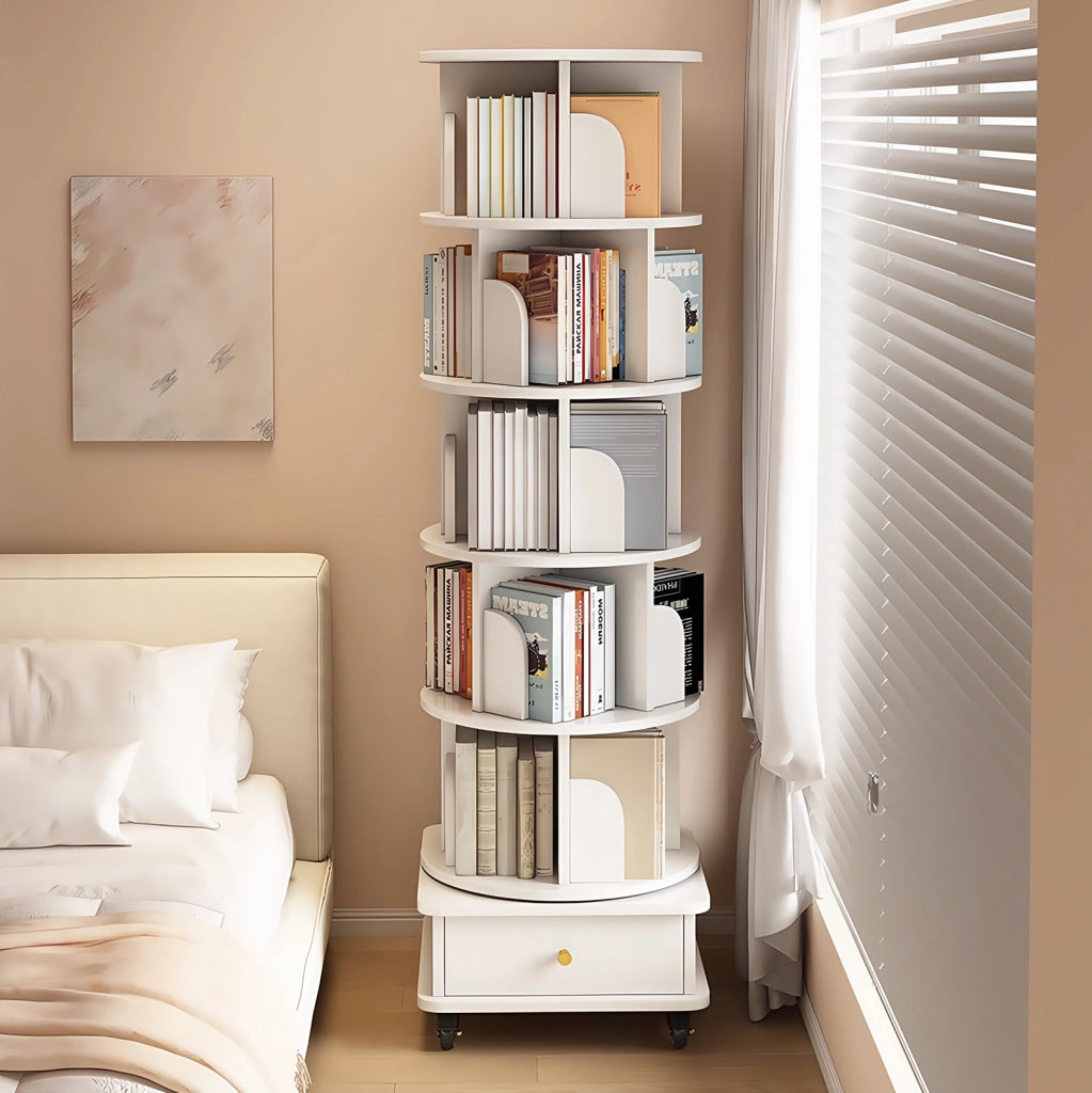 Libreria girevole 360° con ruote e cassetto, salvaspazio, bianco, MDF