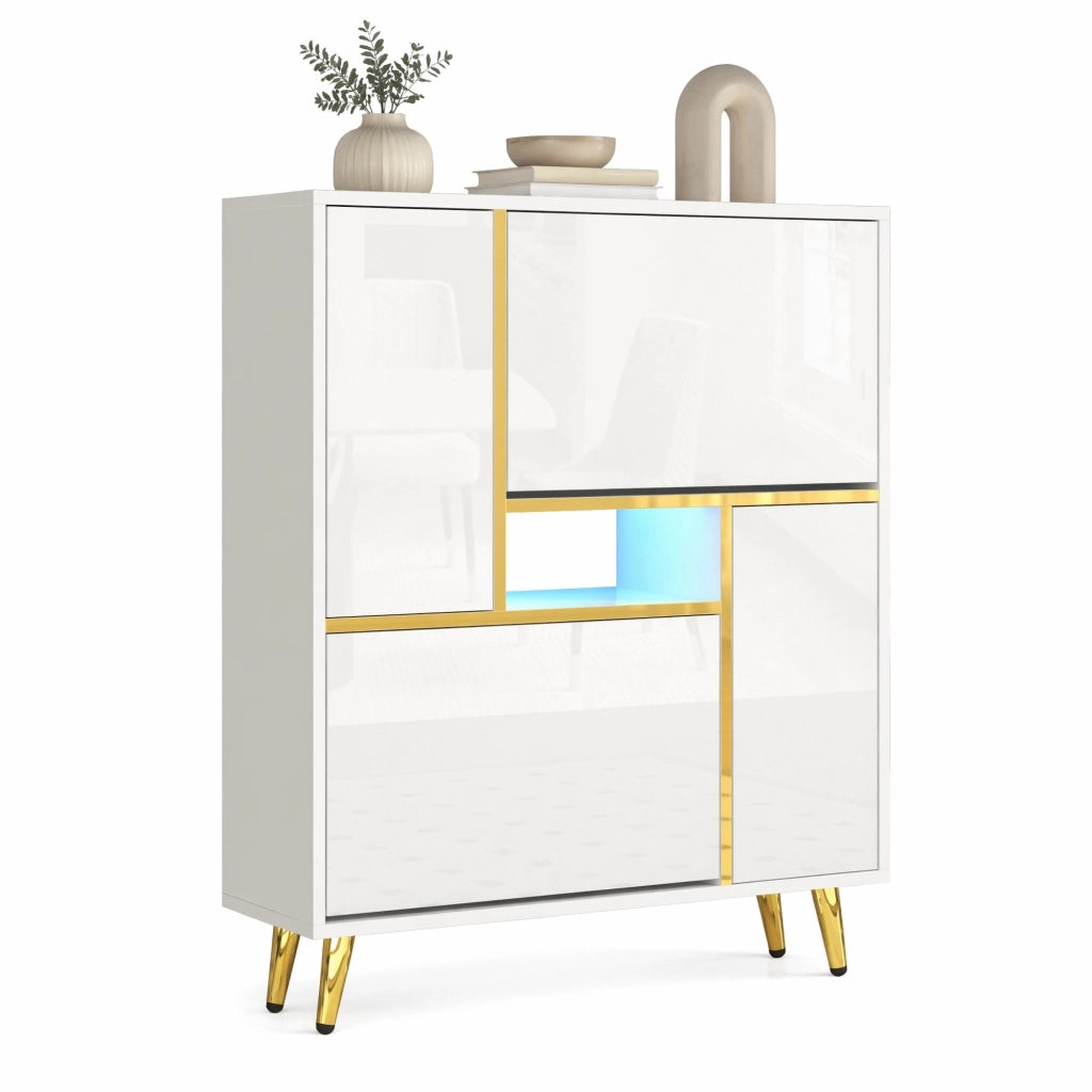 Scarpiera moderna bianca 80x25x96 cm con ante lucide; ripiani regolabili e LED multicolore