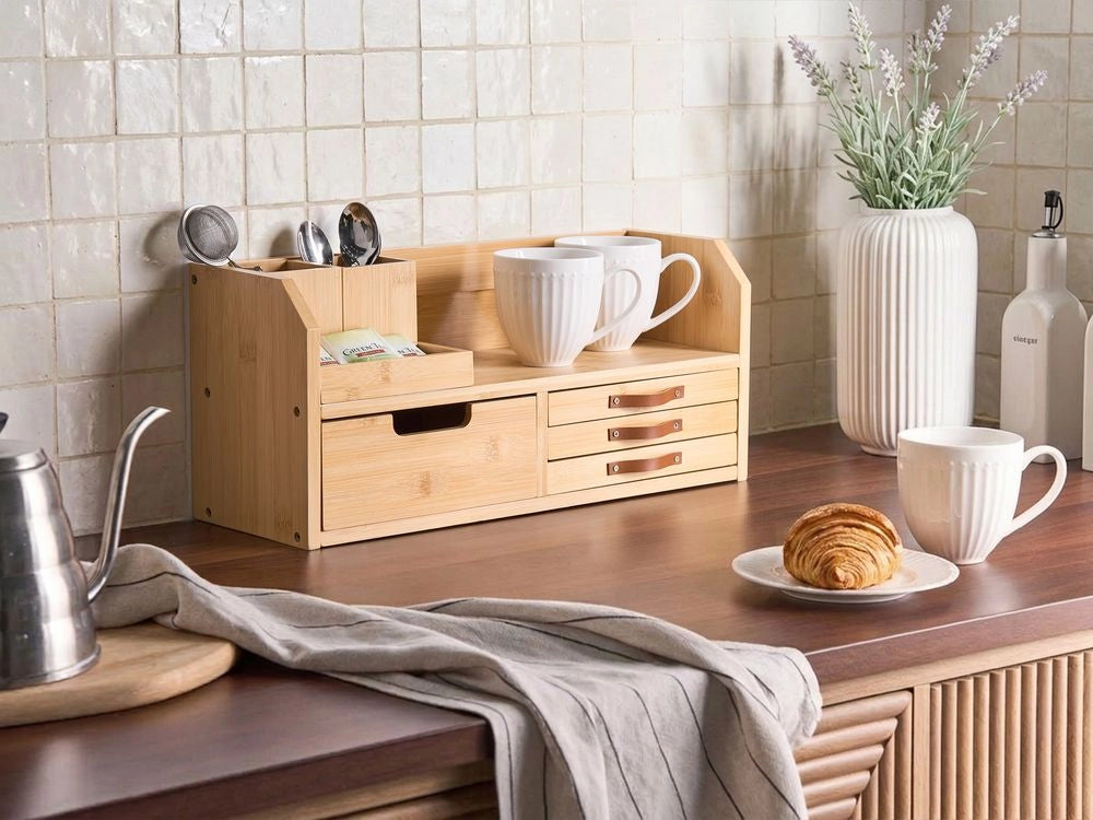Organizer da cucina in bambù marrone chiaro con cassetti per tè e caffè, accessori da cucina rustici