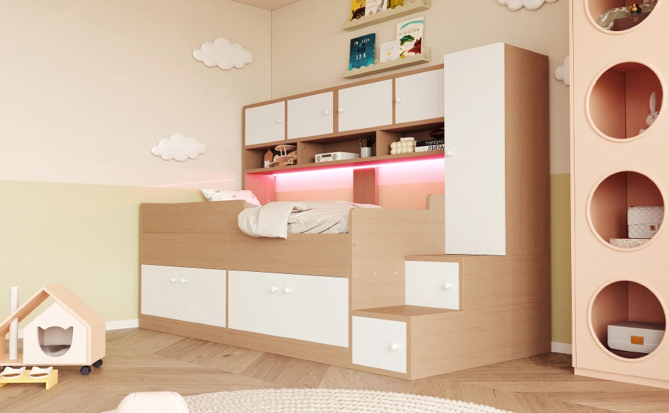 Letto in legno 90×200 cm color legno ripostiglie armadio scala facile LED e corrimano di sicurezza