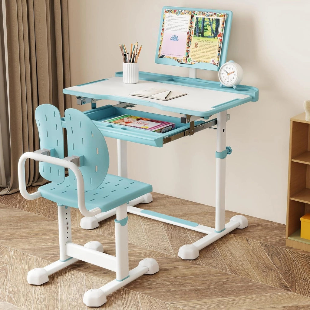 Set di Scrivania e Sedia per Bambini con Altezza Regolabile, Blu | Banco Scuola con Piano Inclinabile, Supporto per Libri, Barra Poggiapiedi e Sedia Ergonomica per Scuola, Ufficio e Cameretta