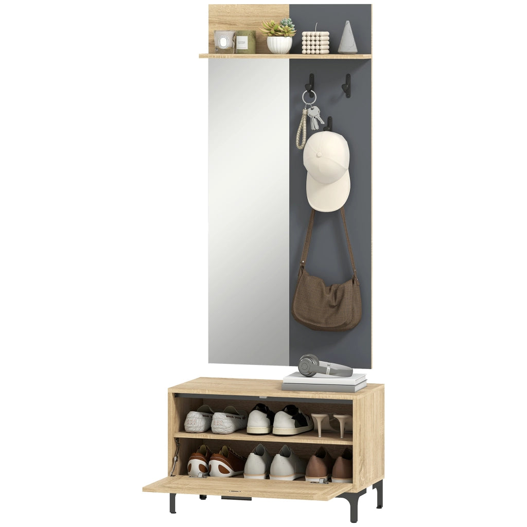 Set Mobile Ingresso con Panca Portascarpe, Specchio, Appendiabiti 3 Ganci ¨C Xylo ¨C Legno Naturale+Grigio