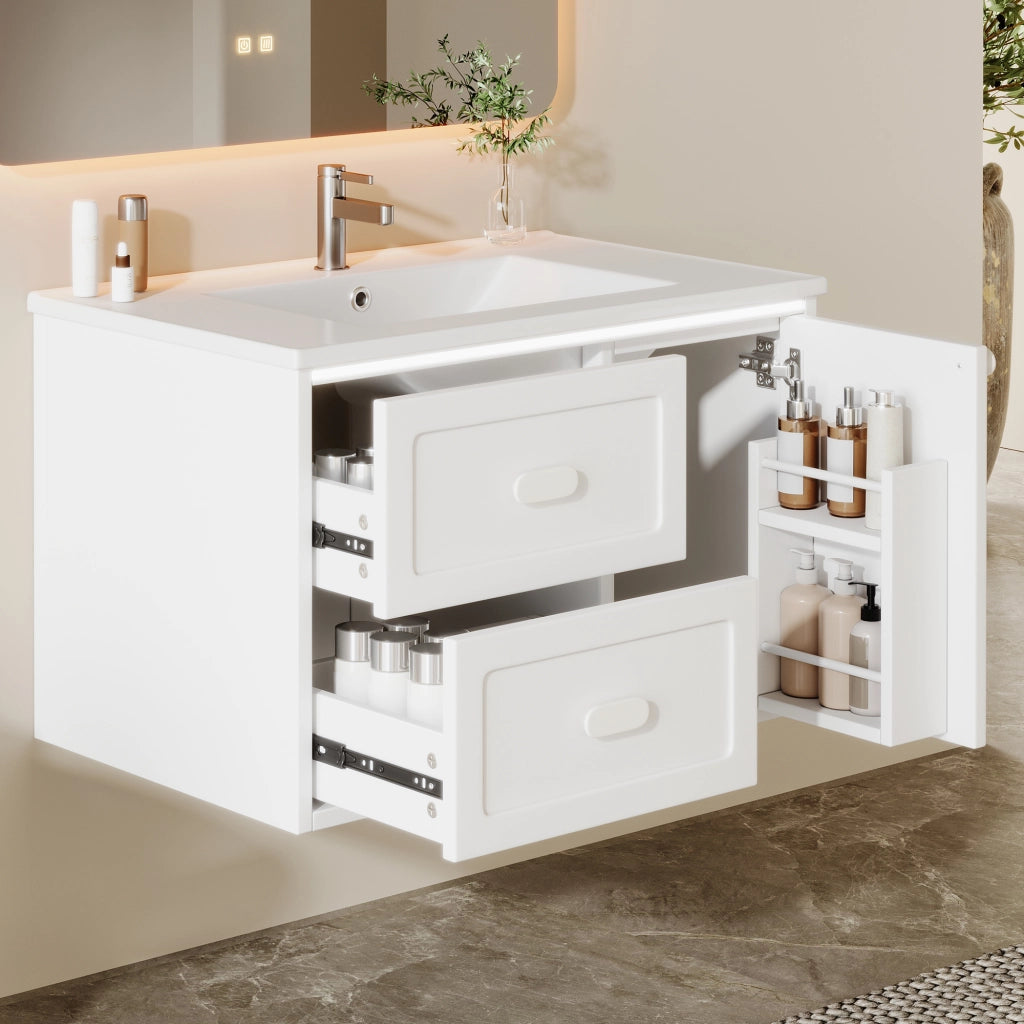 Mobile sottolavabo laccato in MDF con LED a sensore radar, 2 cassetti e 1 vano, per bagno, bianco, 76 × 46 × 51 cm