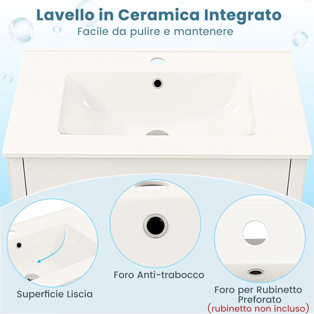Mobile Sottolavabo per Bagno, Mobiletto da Bagno con 2 Cassetti e 2 Ante, Mobile da Bagno a Terra con Lavandino in Ceramica, 76 x 46,5 x 86 cm, Bianco