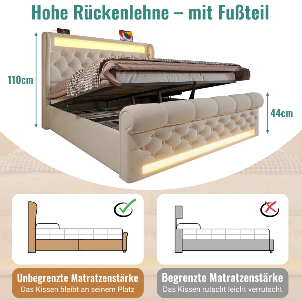 Letto matrimoniale 140x200 cm con LED, USB-C e materasso