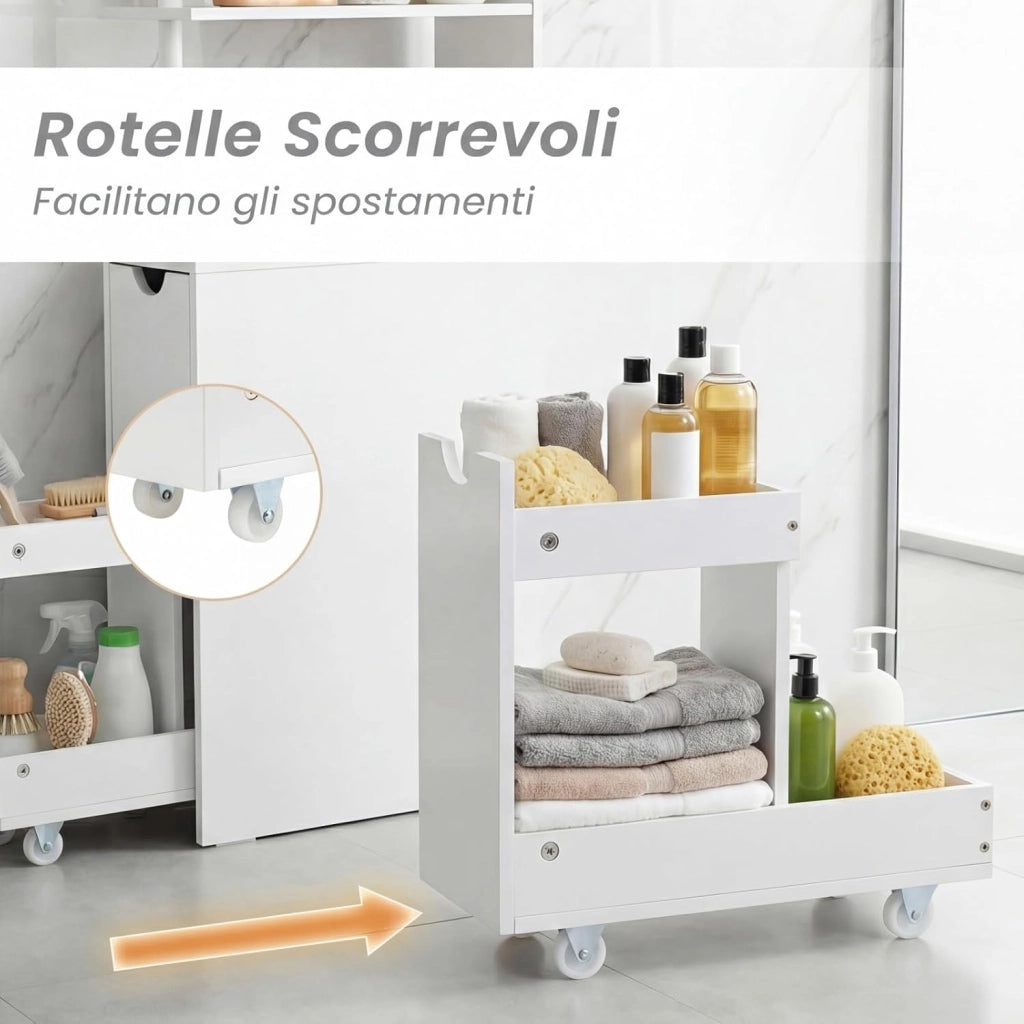Mobile da Bagno Salvaspazio, Mobiletto Stretto e Autoportante con Ripiani Aperti, Cassetto Scorrevole e Carrello Estraibile, Mobiletto a Terra in Legno per Cucina, 45 × 20 × 114 cm