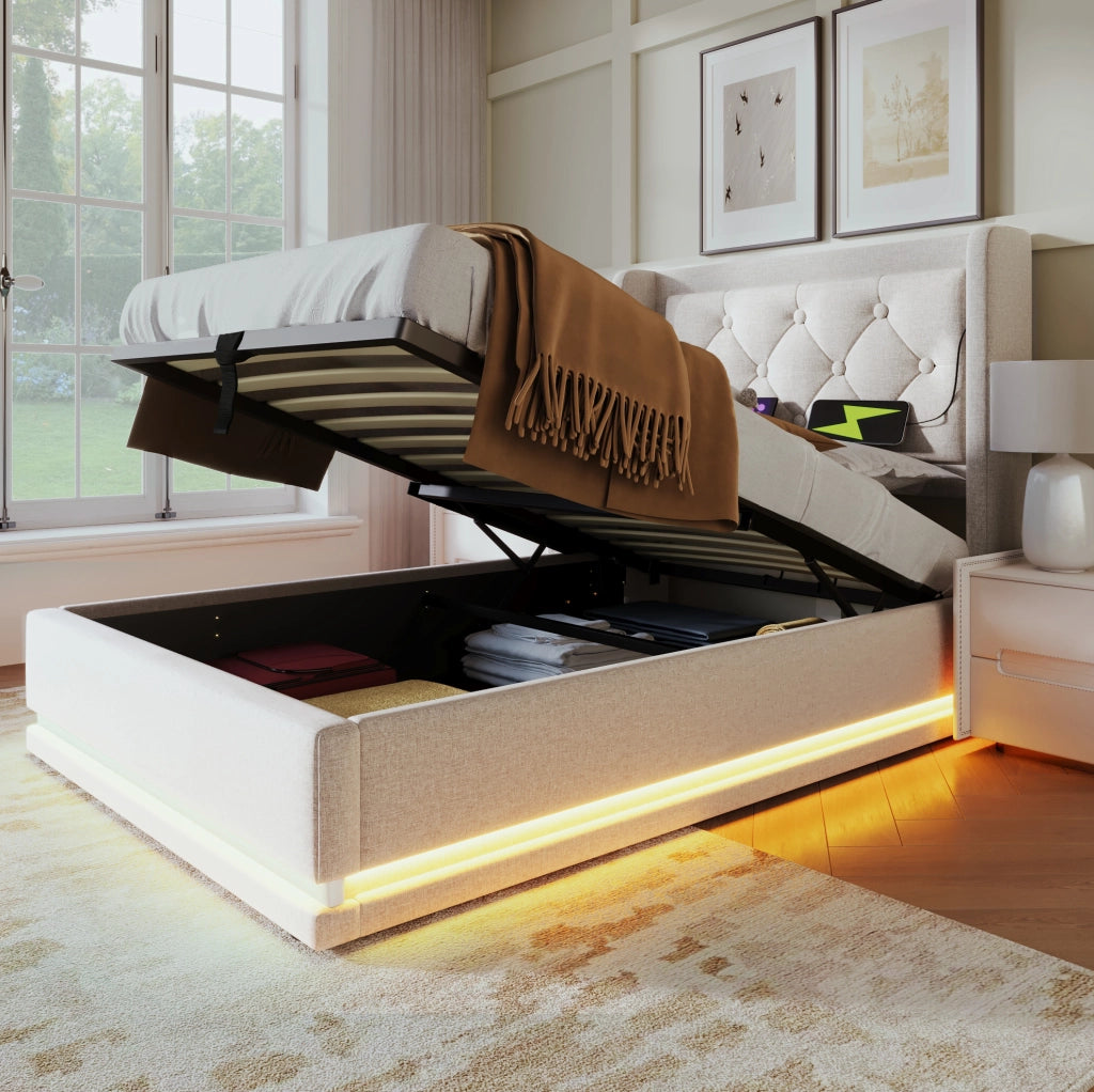 Letto contenitore 90x200 cm; USB Type-C e LED a 3 lati; cotone beige (Senza materasso)