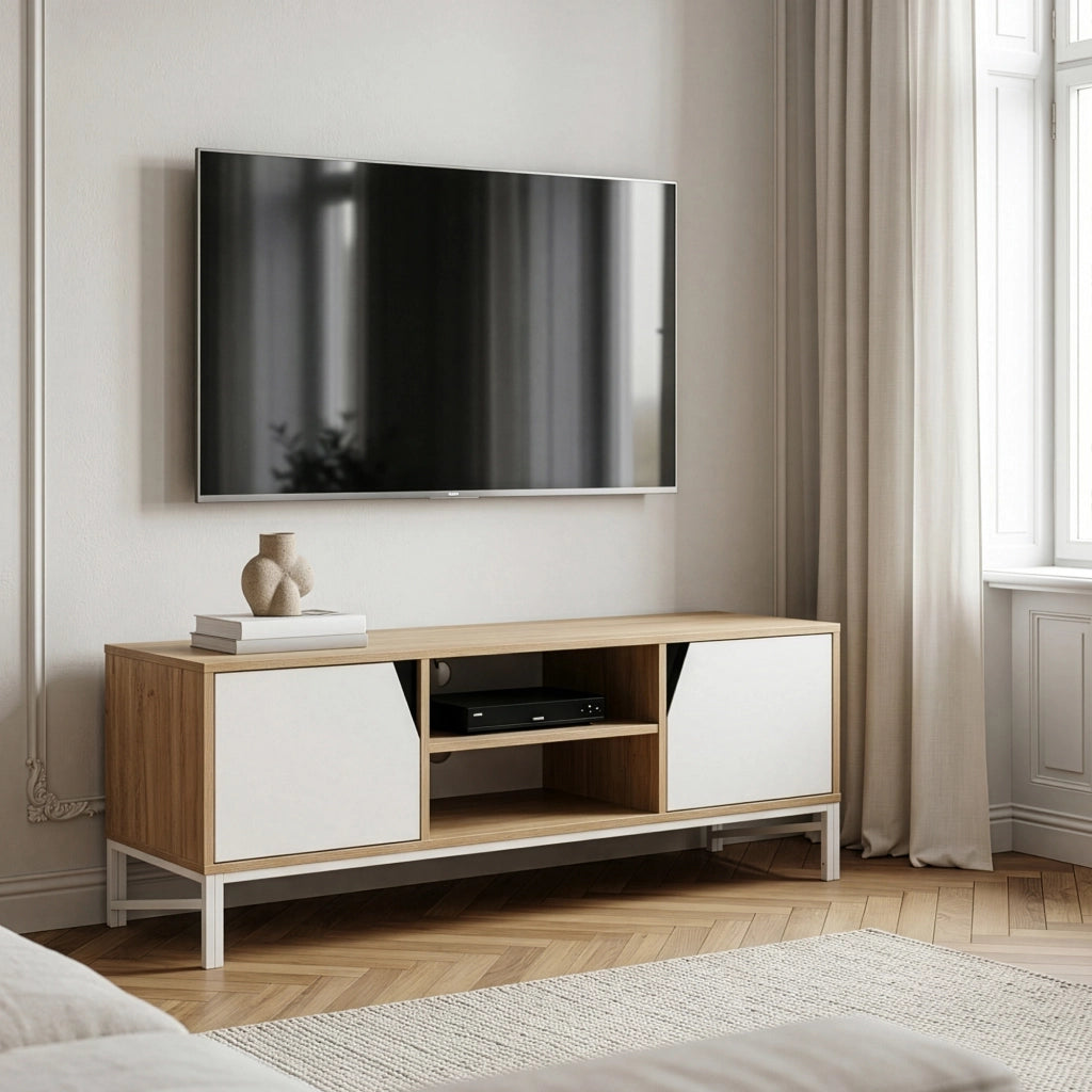 Mobile Porta TV Kerrköndam a 2 Ante 120 x 40 x 46 cm - Effetto Rovere / Bianco [en.casa]