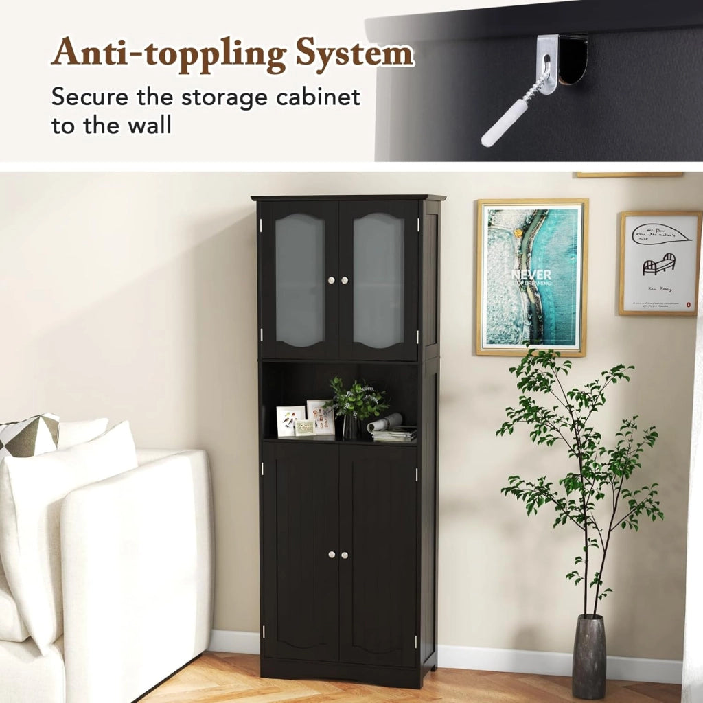 Armadietto Bianco con 4 Ante e 6 Ripiani Regolabili, Kit Anti-Ribaltamento, 76 x 40 x 184,5 cm, per Cucina, Camera da Letto, Soggiorno (Nero)