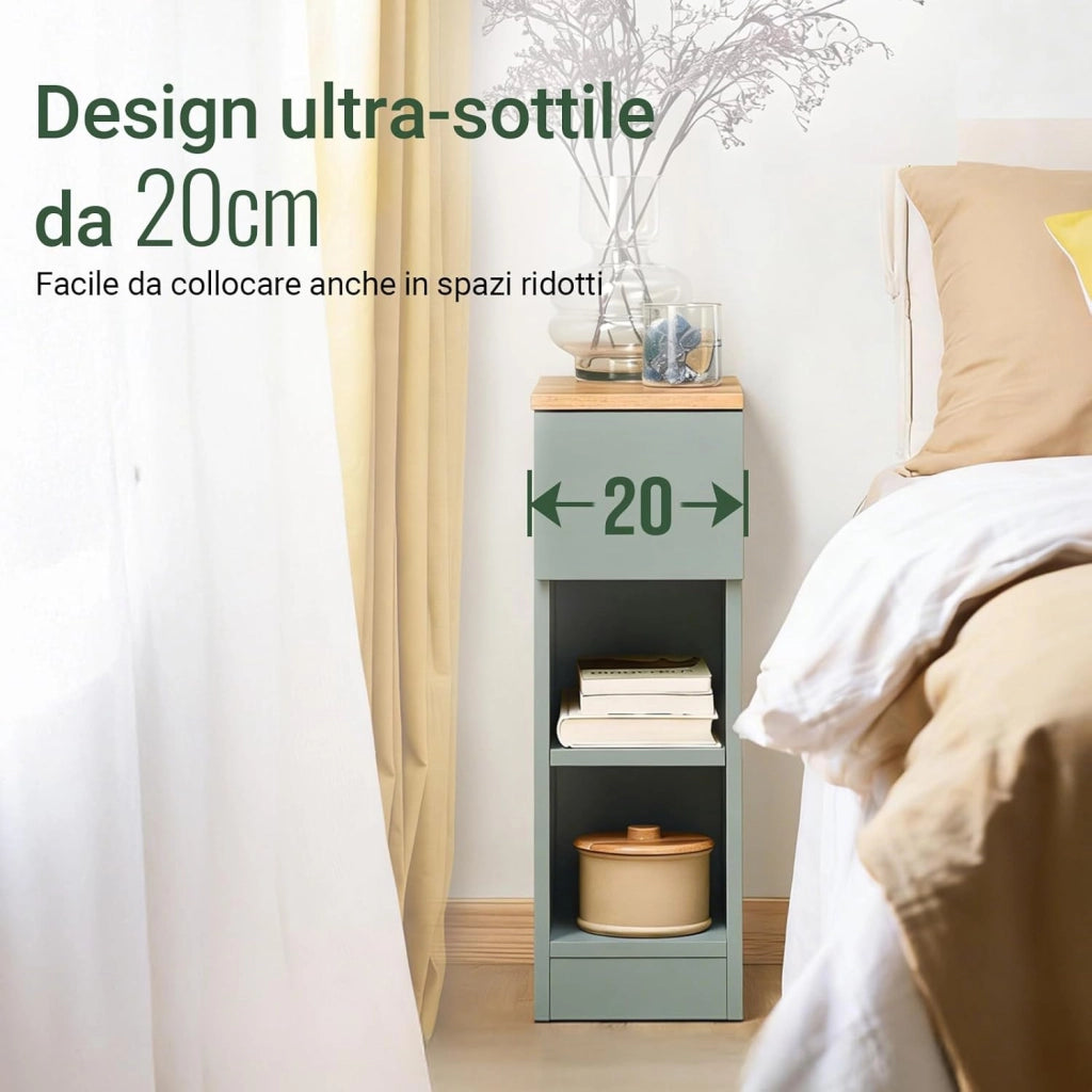 Comodino camera da letto Stretto, comodino con cassetto e 2 ripiano, comodini per camera da letto e soggiorno, Tavolino da letto Verde L20 x P35 x A61 cm FBT111-GR