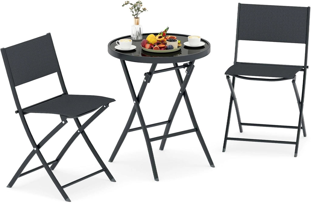 Set Tavolino e Sedie da Giardino Pieghevole, Set Bistro 3 Pezzi, Tavolino con Piano in Vetro Temperato e Metallo, Sedie con Tessuto Textilene Impermeabile, per Balcone, Patio, Piscina
