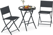 Set Tavolino e Sedie da Giardino Pieghevole, Set Bistro 3 Pezzi, Tavolino con Piano in Vetro Temperato e Metallo, Sedie con Tessuto Textilene Impermeabile, per Balcone, Patio, Piscina