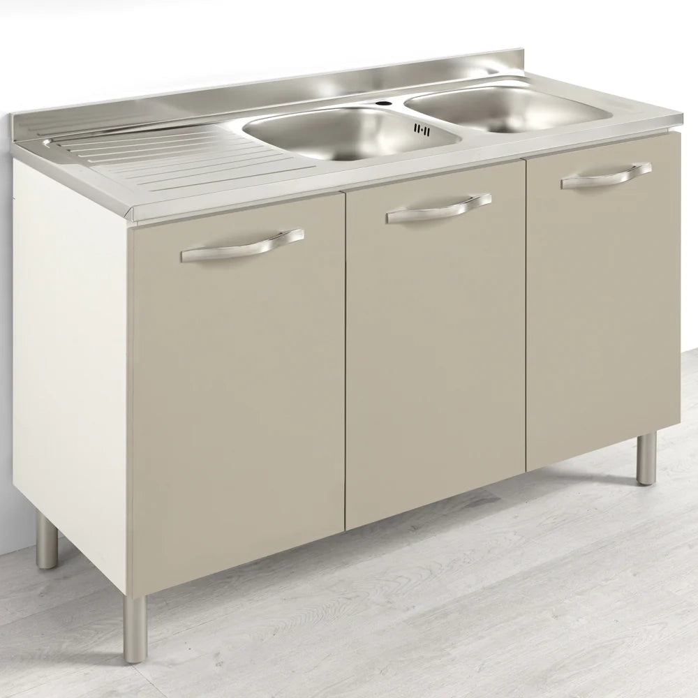 Sotto lavello per cucina componibile da 120 cm con 3 ante linea MAKA, realizzata in legno 100% MADE IN ITALY colore Tortora, con Lavello Vasche a Destra