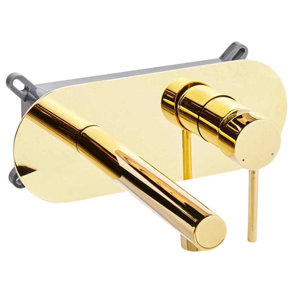 Rubinetto miscelatore da lavabo a parete in ottone color oro con singola maniglia