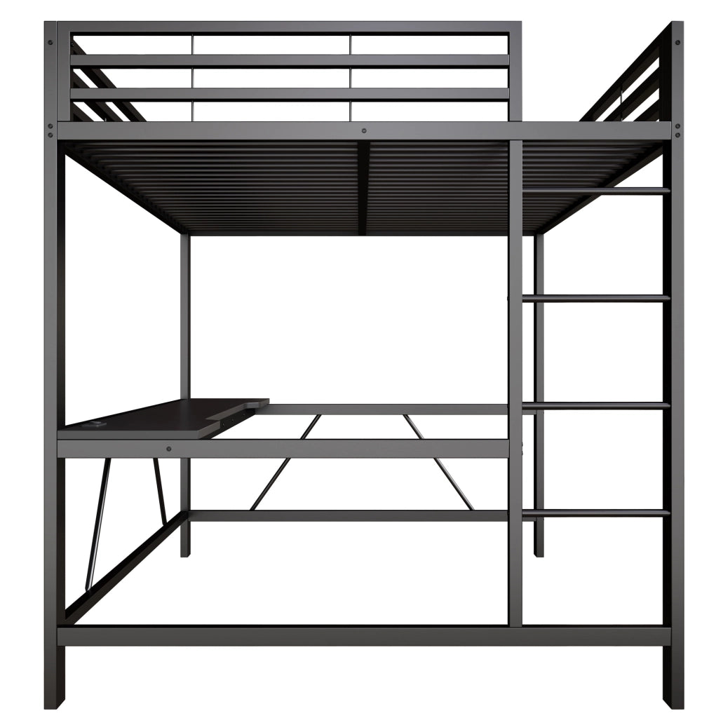 Letto a soppalco 160x200 cm con scrivania integrata; LED e struttura in metallo nero
