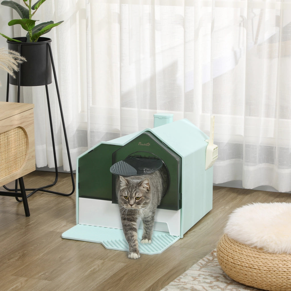 Lettiera per Gatti Chiusa con Vassoio Estraibile, Tappetino e Paletta, 47x45x42cm, Azzurro