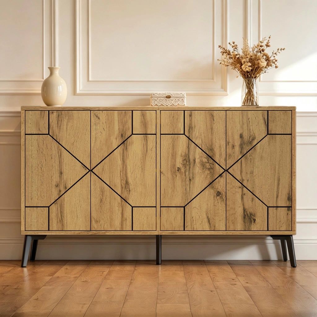Credenza moderna 120x35x69 cm con 4 ante, 4 scomparti interni, struttura in MDF e gambe in metallo, finitura effetto legno naturale