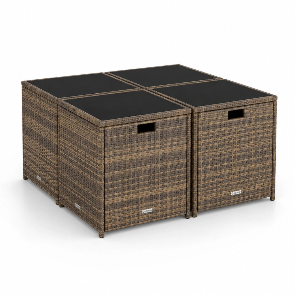 Set Salvaspazio Da Giardino In Polyrattan Con Tavolo Quattro Poltrone E Quattro Sgabelli A Scomparsa Con Cuscini E Vetro Temperato Arredo Outdoor Elegante Per Esterni Marrone E Nero