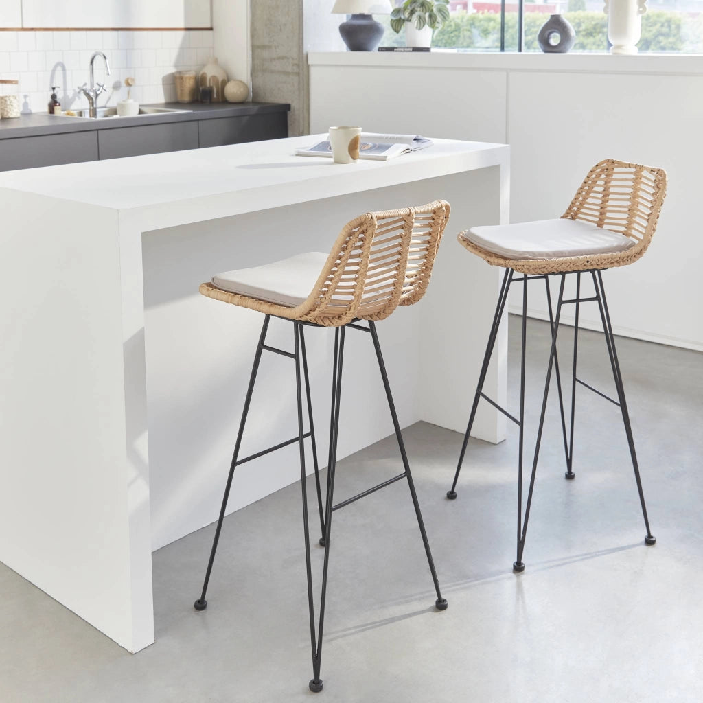 Set di 2 sgabelli da bar in metallo e rattan, beige