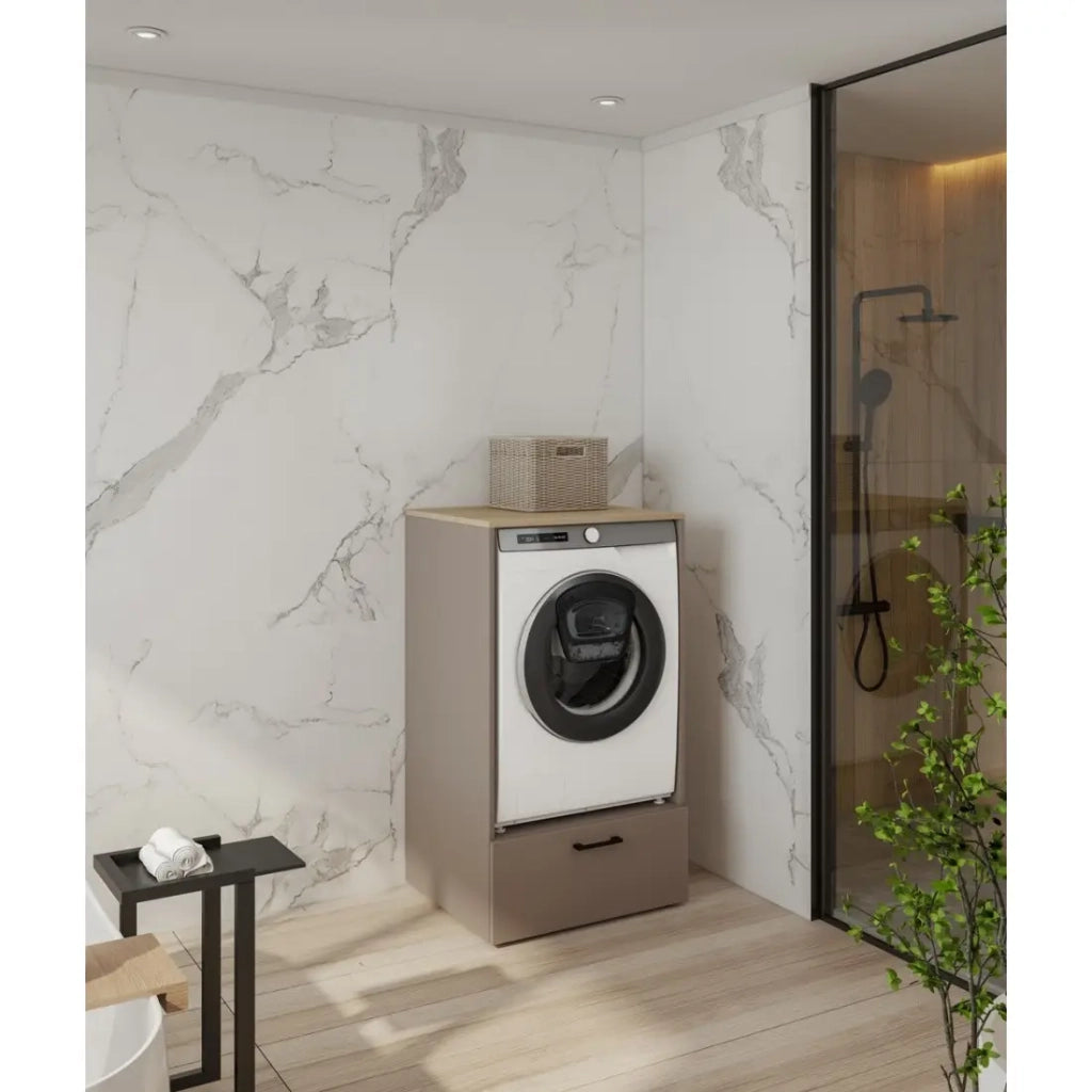 Mobiletto per lavatrice collezione WASHING – 1 cassetto – Colore taupe e rovere