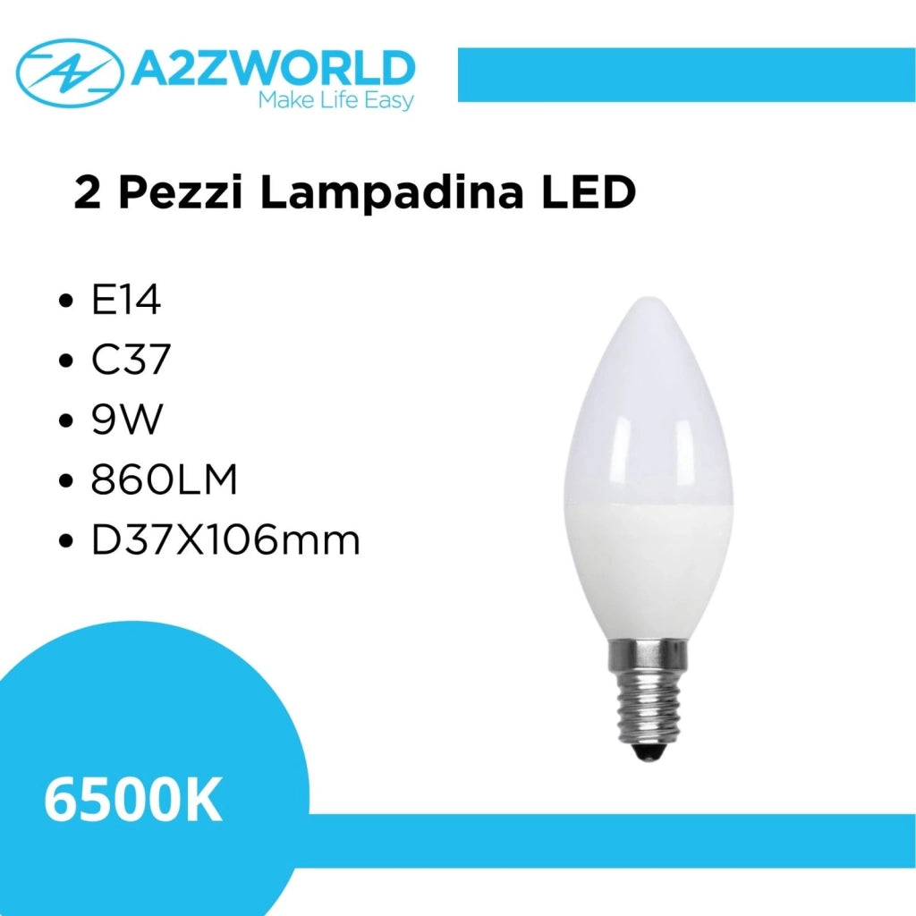 2 Pezzi Lampadina LED, Lampadina E14 C37 9W 860LM D37X106mm, Disponibili 3000K 4200K 6500K (Bianco Freddo 6500K)
