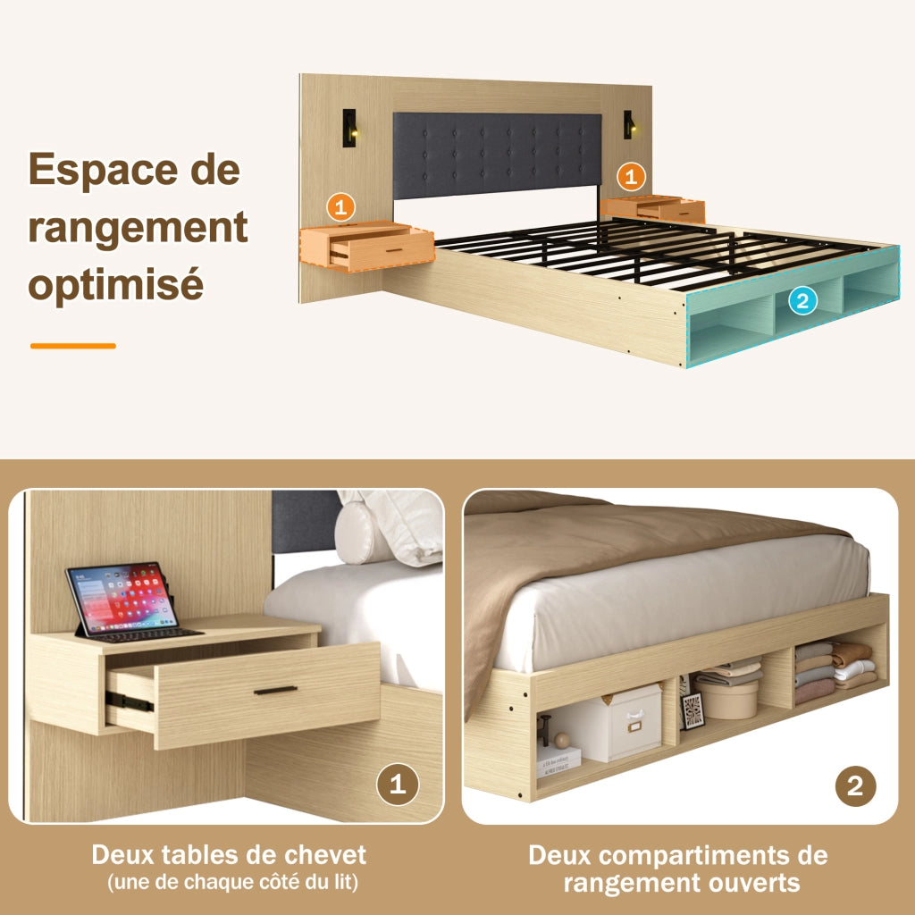 Letto matrimoniale contenitore 180x200 cm con USB Type-C; lampade e comodini; rovere chiaro
