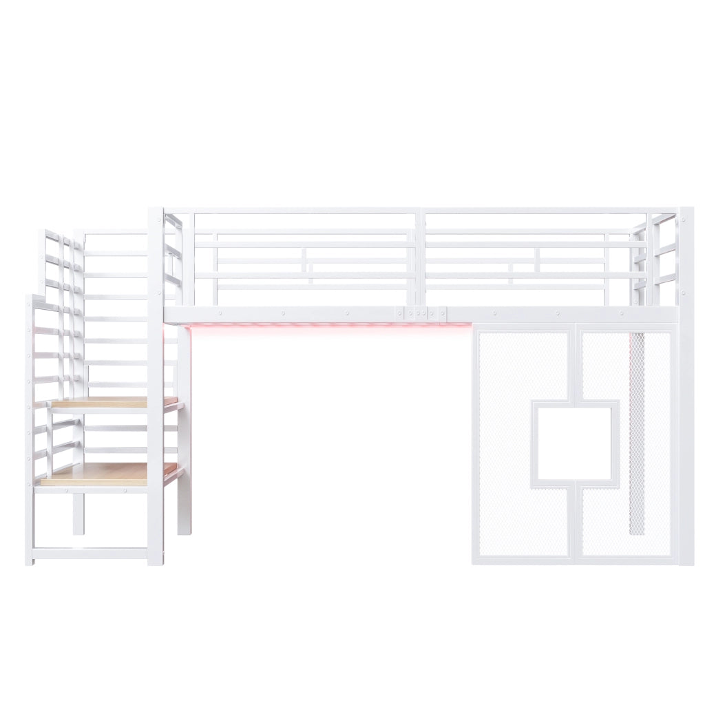 Letto a soppalco 90x200 in metallo con scale contenitore e luci LED bianco