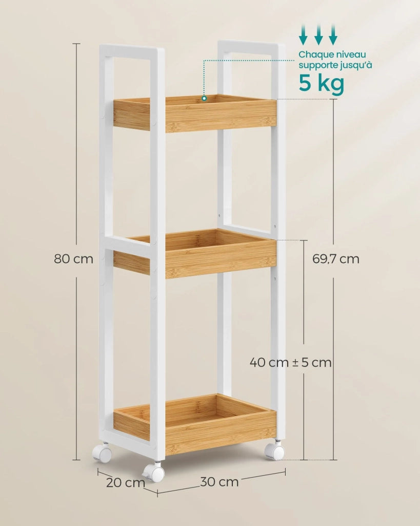 Carrello da bagno scaffale sottile da bagno carrello portaoggetti a 3 ripiani su ruote bambù salvaspazio 20 x 30 x 80 cm bianco 12_0005028
