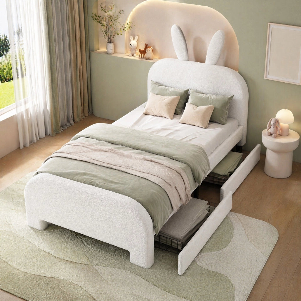 Letto singolo imbottito a coniglio 90x200 cm con 2 cassetti
